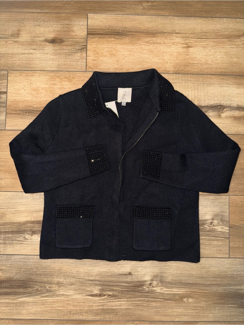Sioni Black Knit Blazer with Beaded Collar and Pocket Accents